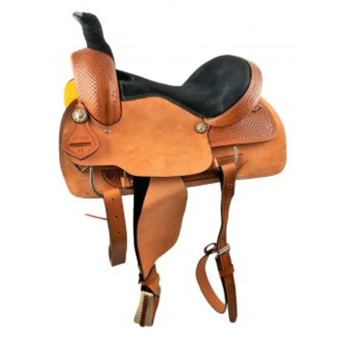 16" MEDIUM OIL ROPER STYLE SADDLE WITH ROUGH OUT FENDERS & JOCKEYS WITH BASKET STAMP TOOLING