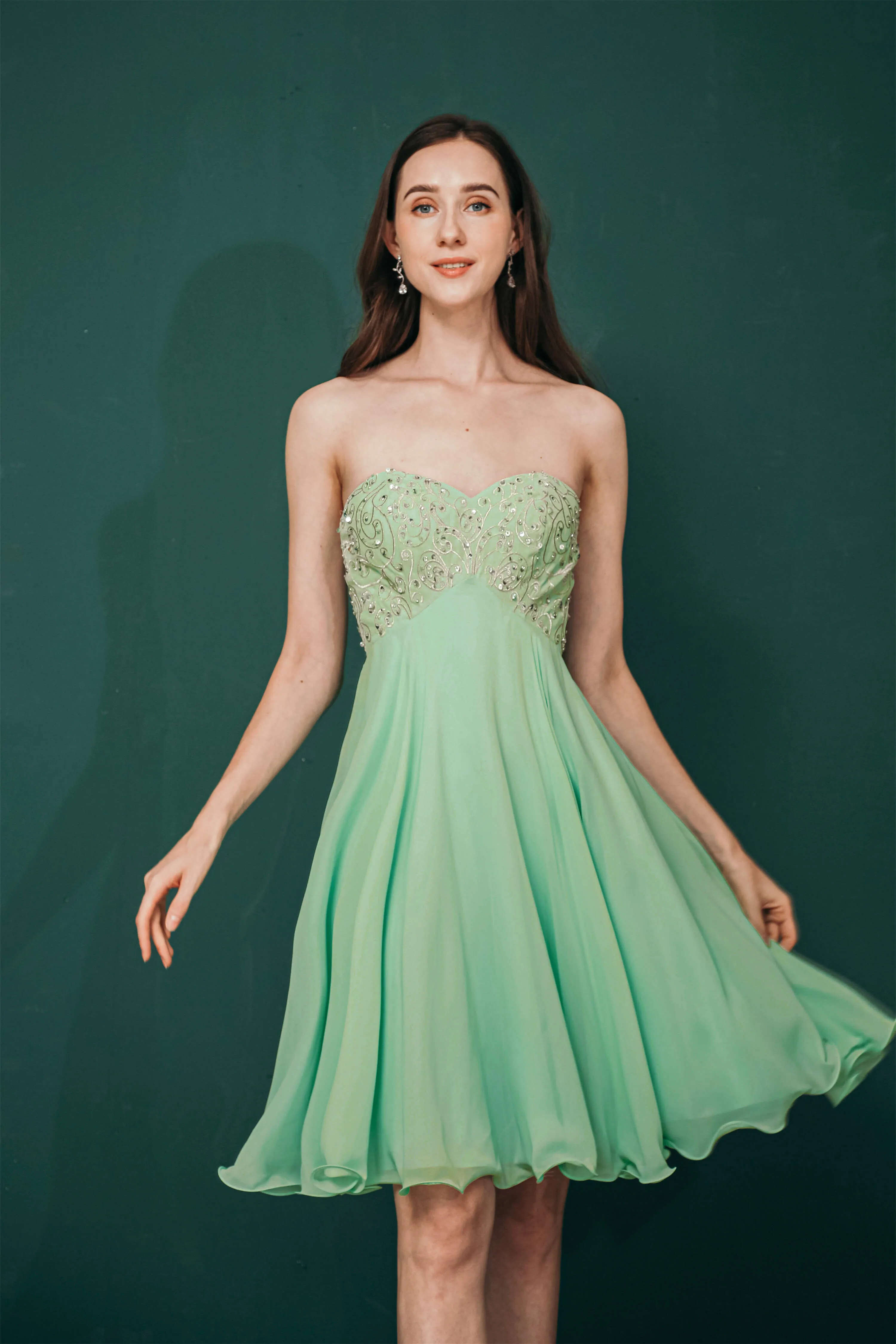 A-line Embroidery Chiffon Short Strapless Corset Back Beaded Homecoming Dresses