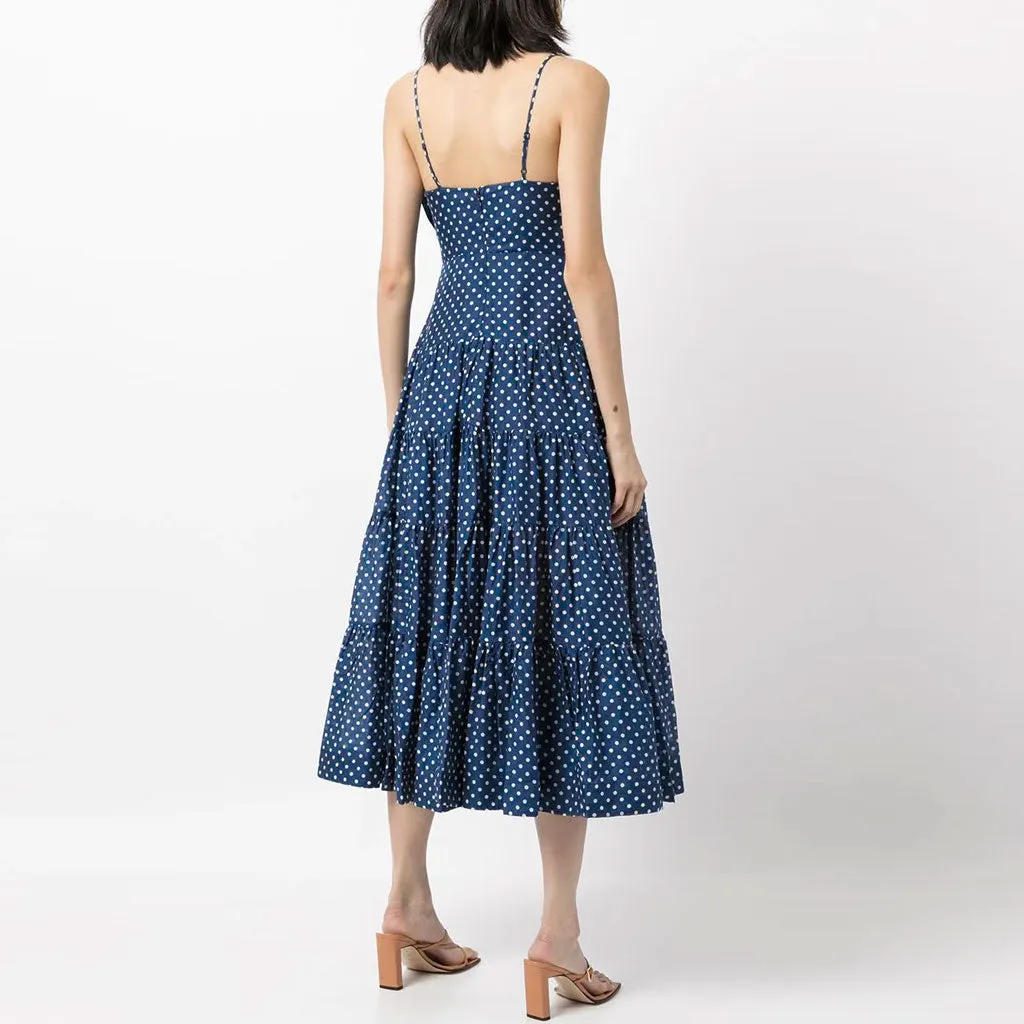 Adorable Polka Dot Bow Trim A-Line Slip Midi Dress - Blue