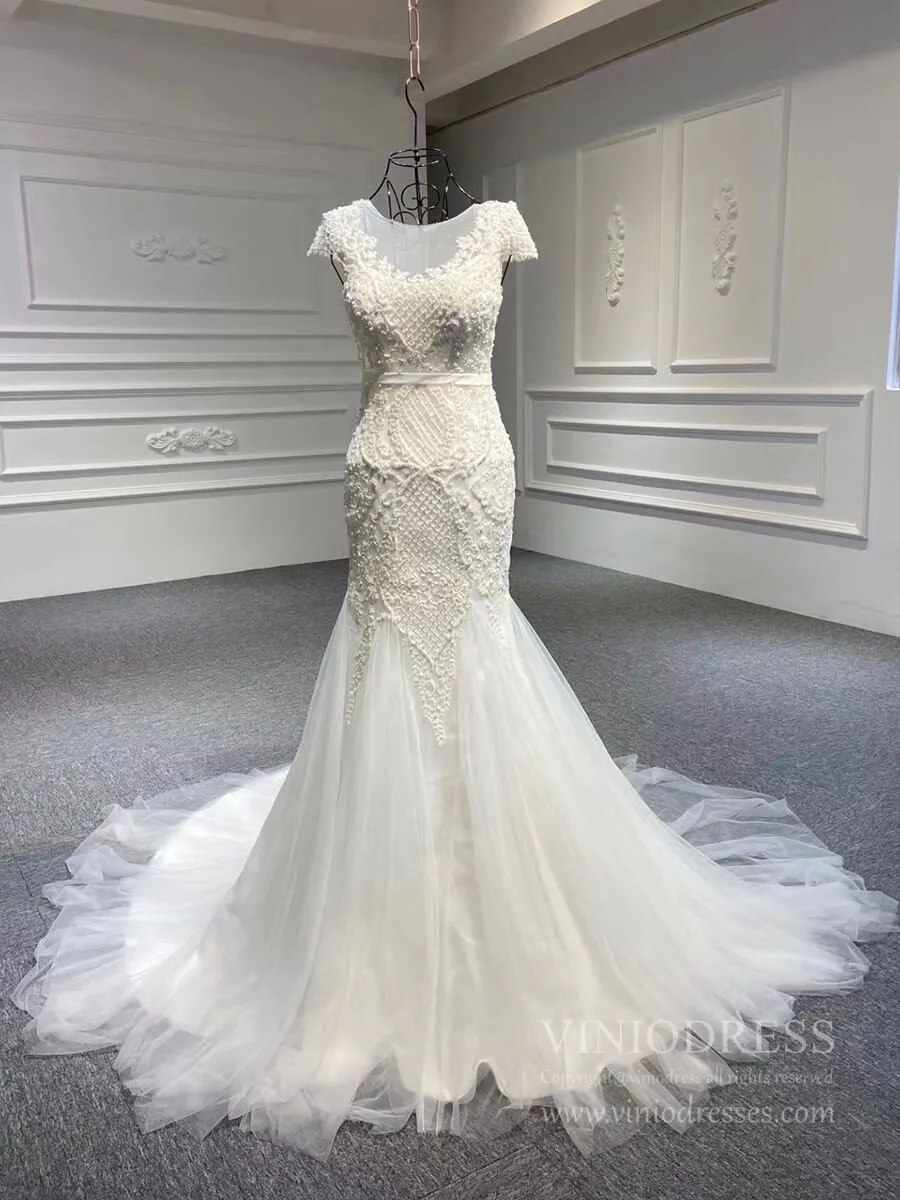 Beaded Cap Sleeve Mermaid Wedding Dresses Tulle Fit and Flare Dress VW1768