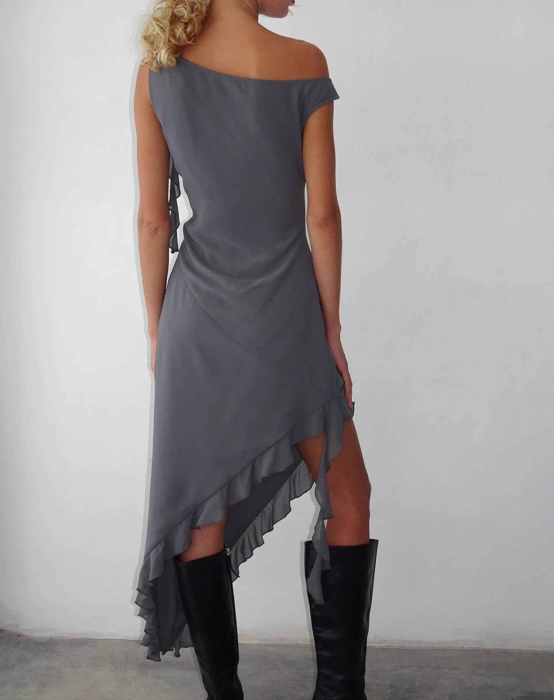 Beleri Ruffle Asymmetric Dress in Grey Chiffon