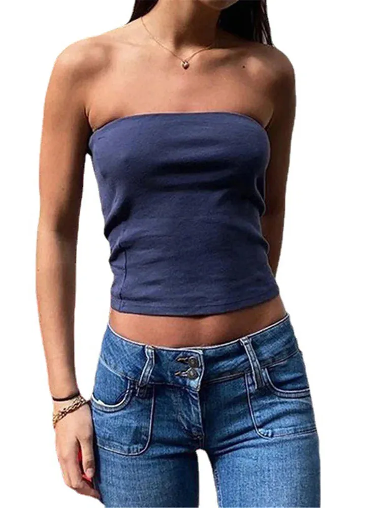 Blue Off Shoulder Sexy Tubes Women 2024 Skinny Summer Y2k 90s Crop Streetwear Tank Top