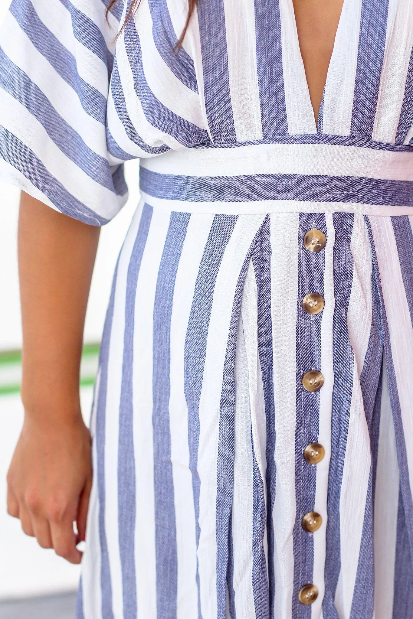 Blue Striped Short Dress with Open Back