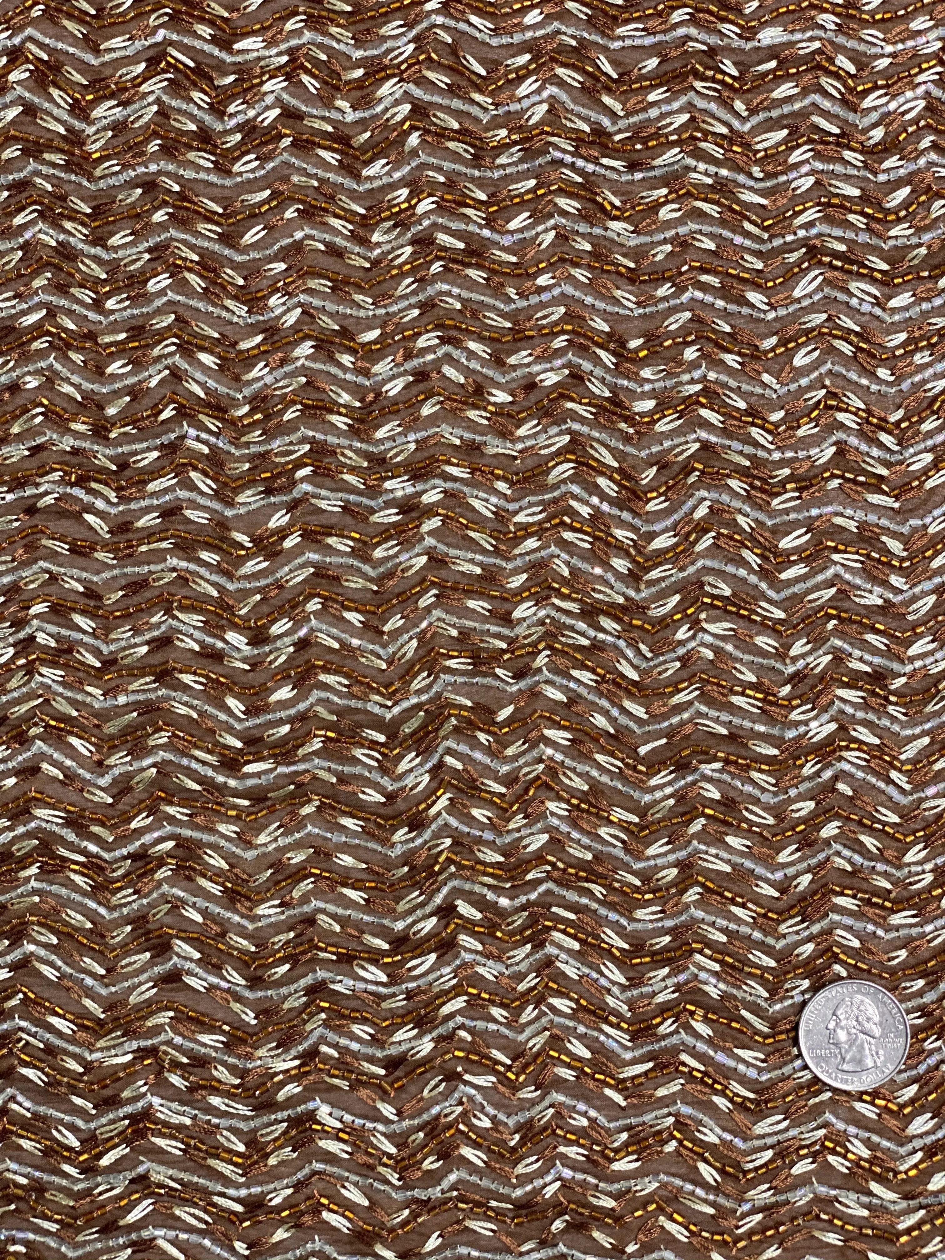 Brown Sequin & Beads On Silk Chiffon JEC-055-1 Fabric