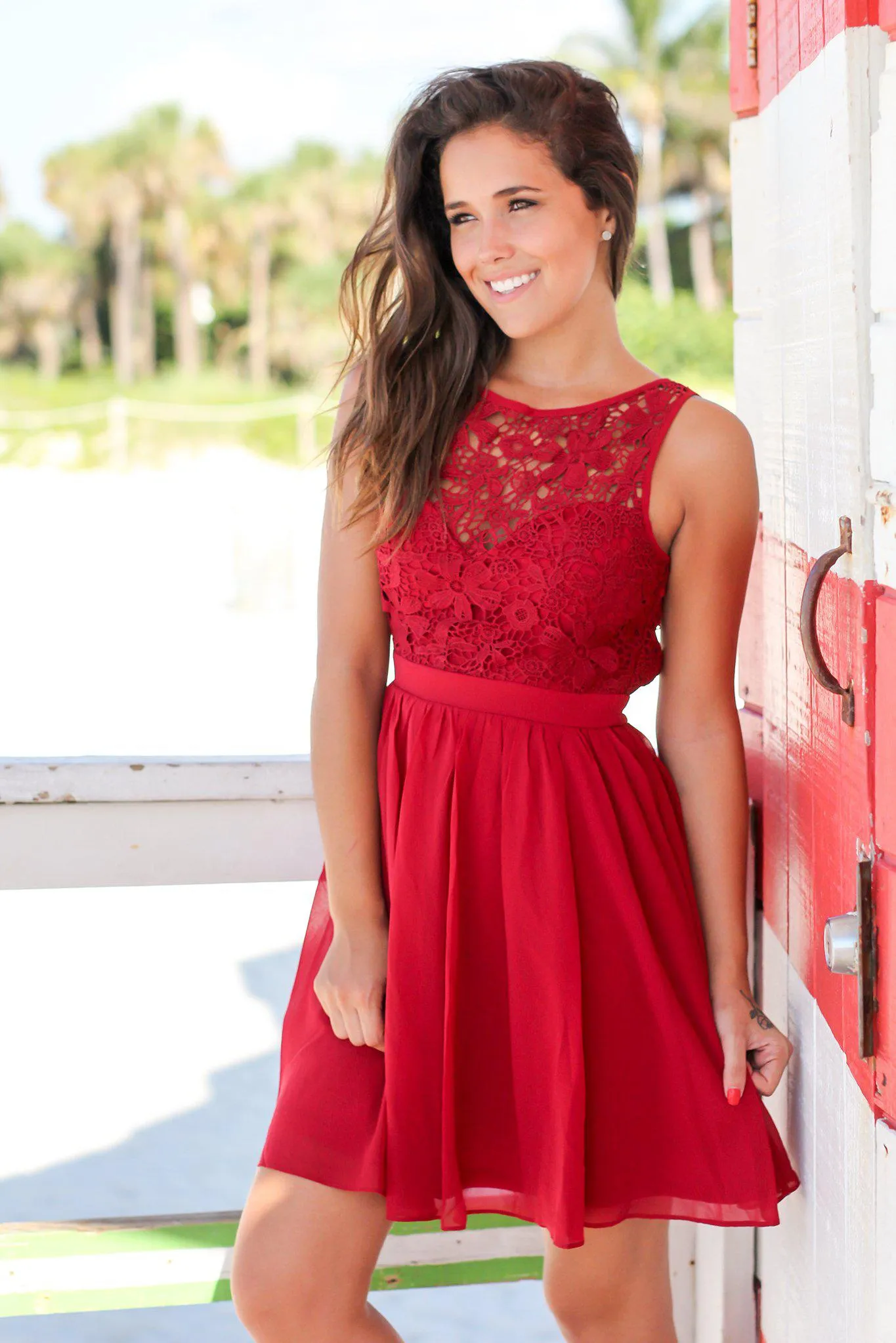 Burgundy Crochet Short Dress with Open Back