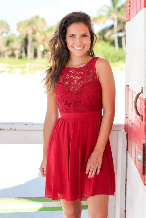 Burgundy Crochet Short Dress with Open Back