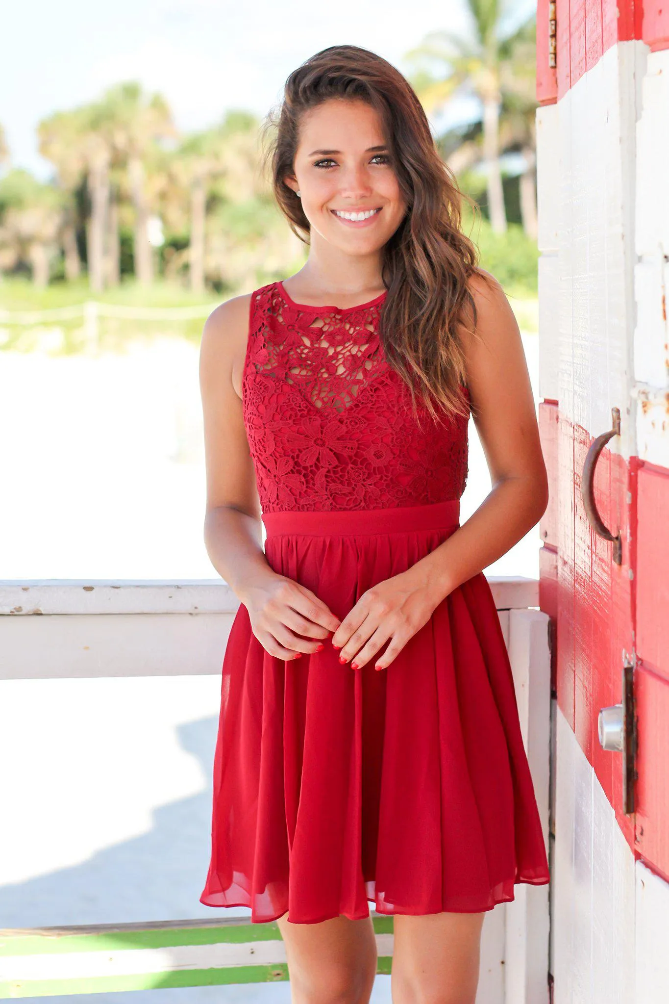 Burgundy Crochet Short Dress with Open Back