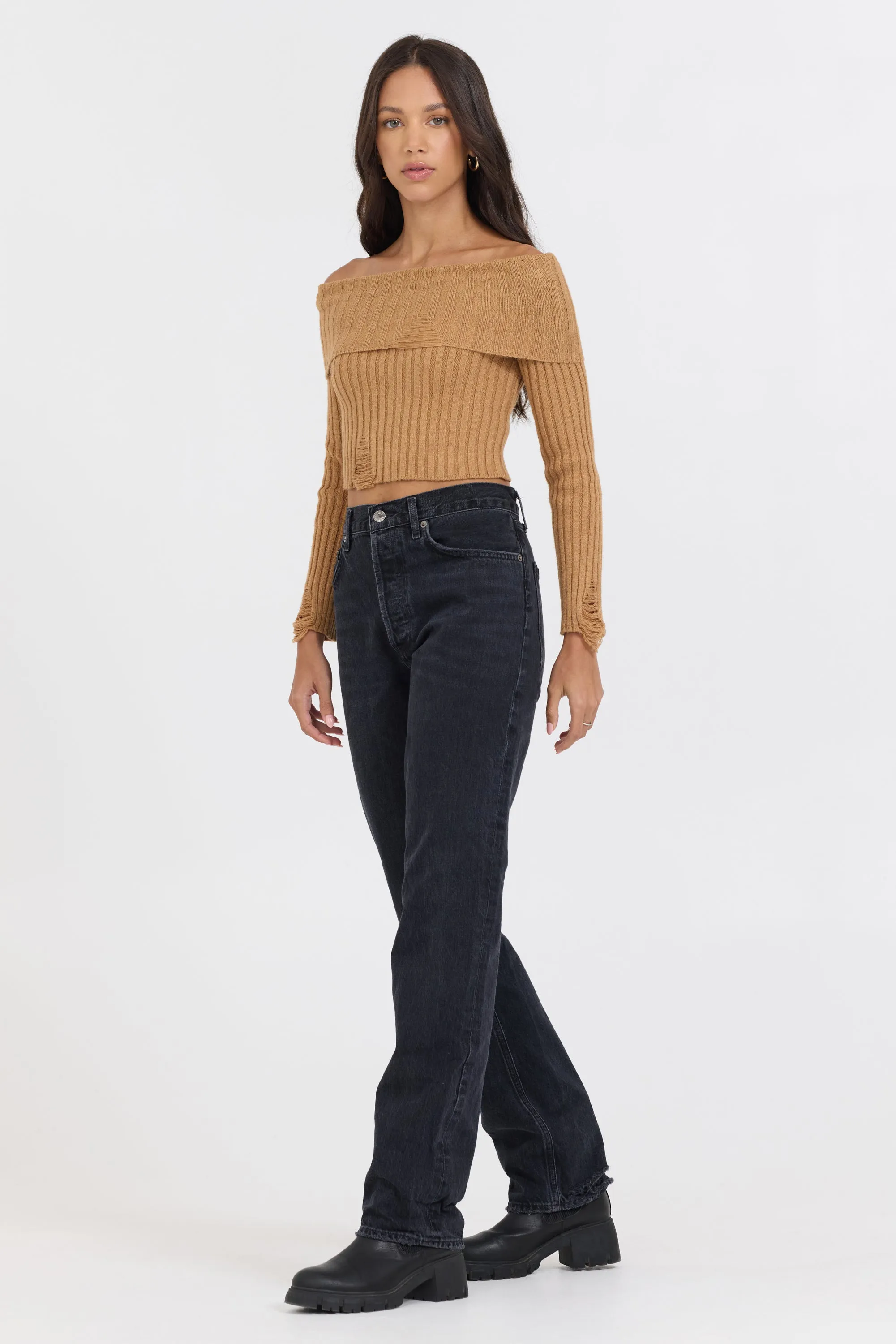 Caramel Distressed Off Shoulder Sweater