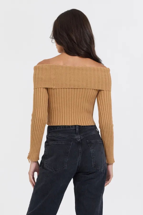 Caramel Distressed Off Shoulder Sweater