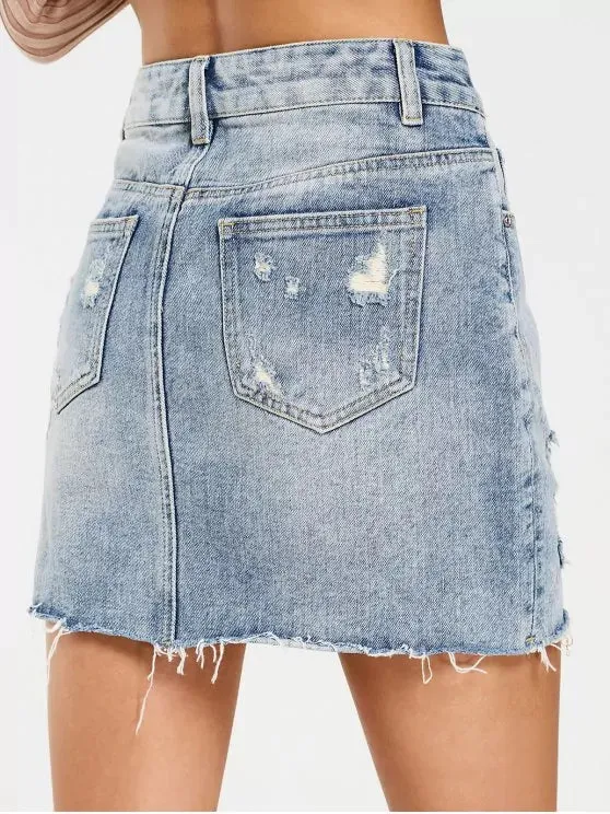 Cute High Waisted Destroyed Denim Skirt