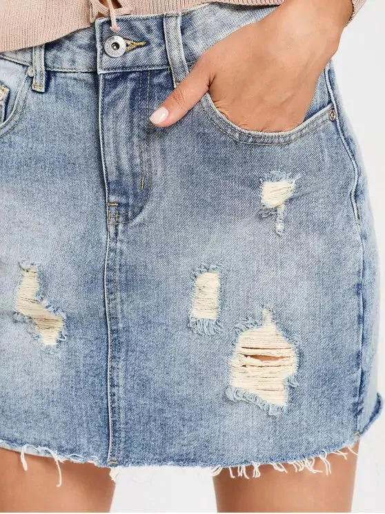 Cute High Waisted Destroyed Denim Skirt