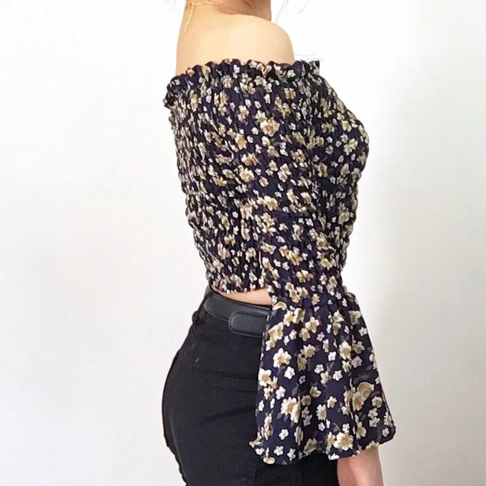 FLORAL BELL SLEEVES OFF SHOULDER CROP TOP