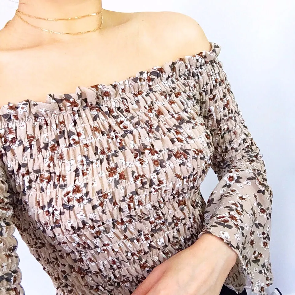 FLORAL BELL SLEEVES OFF SHOULDER CROP TOP