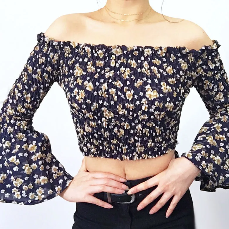 FLORAL BELL SLEEVES OFF SHOULDER CROP TOP