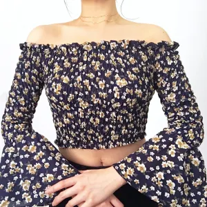 FLORAL BELL SLEEVES OFF SHOULDER CROP TOP