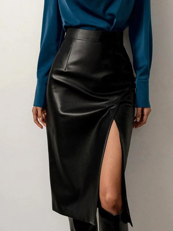 Front Slit Faux Leather Midi Pencil Skirt