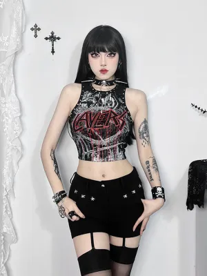 Gothic Print Crop Retro Rivet Graphic Top