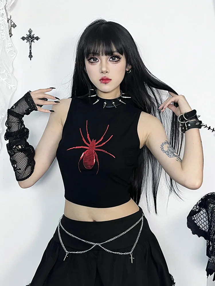 Gothic Spider Graphic Print Sleeveless Punk Alt Crop Top