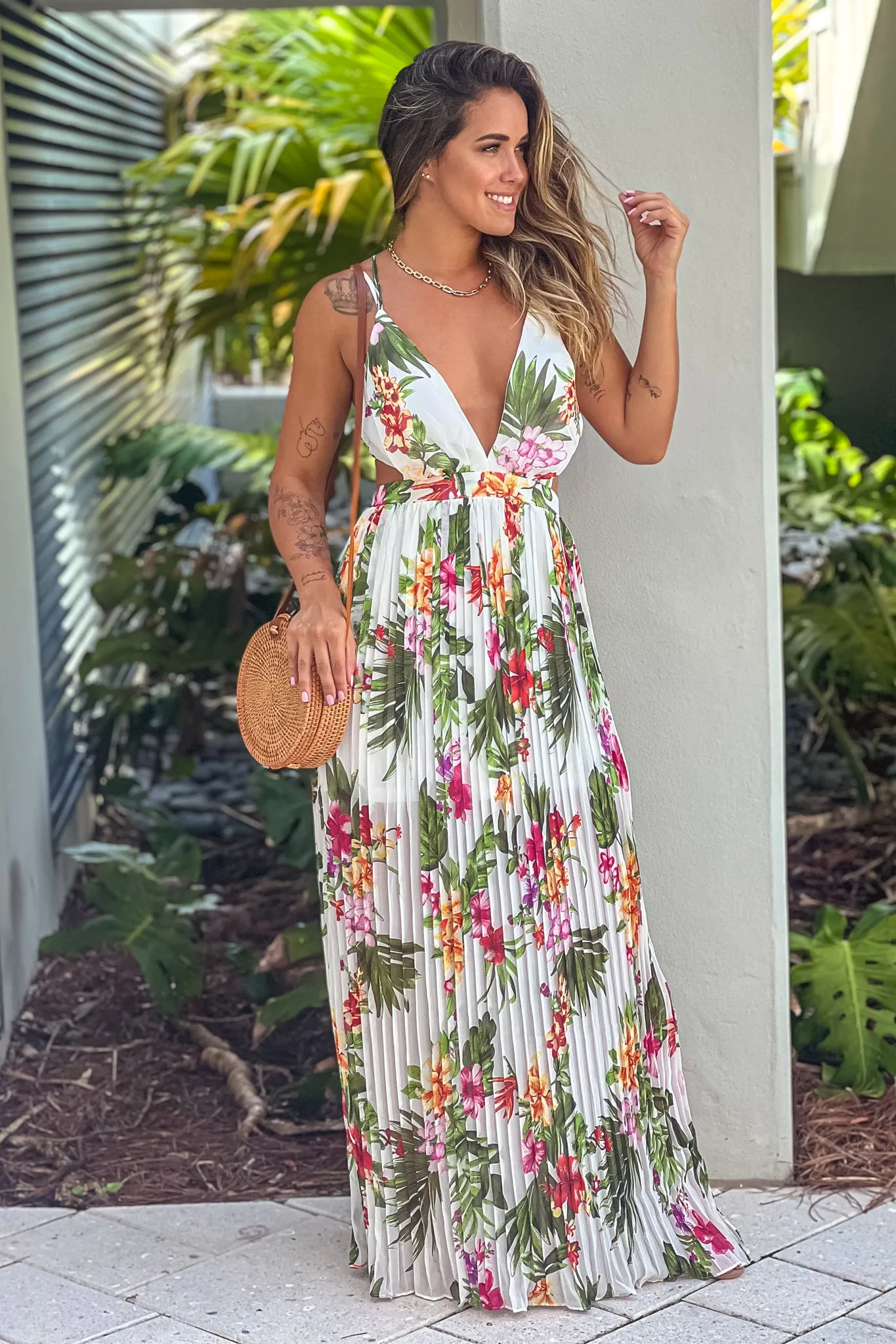 Ivory Floral Pleated Maxi Dress With Open Back