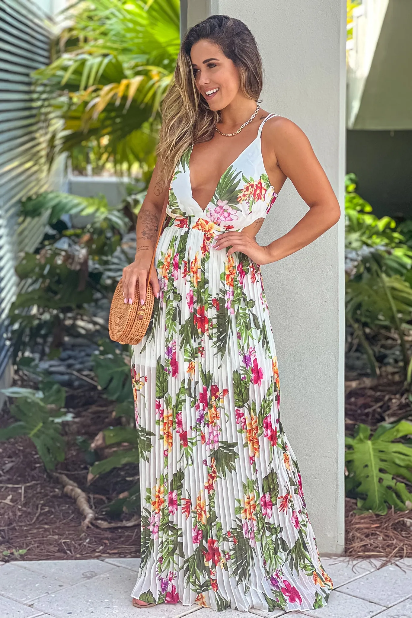 Ivory Floral Pleated Maxi Dress With Open Back