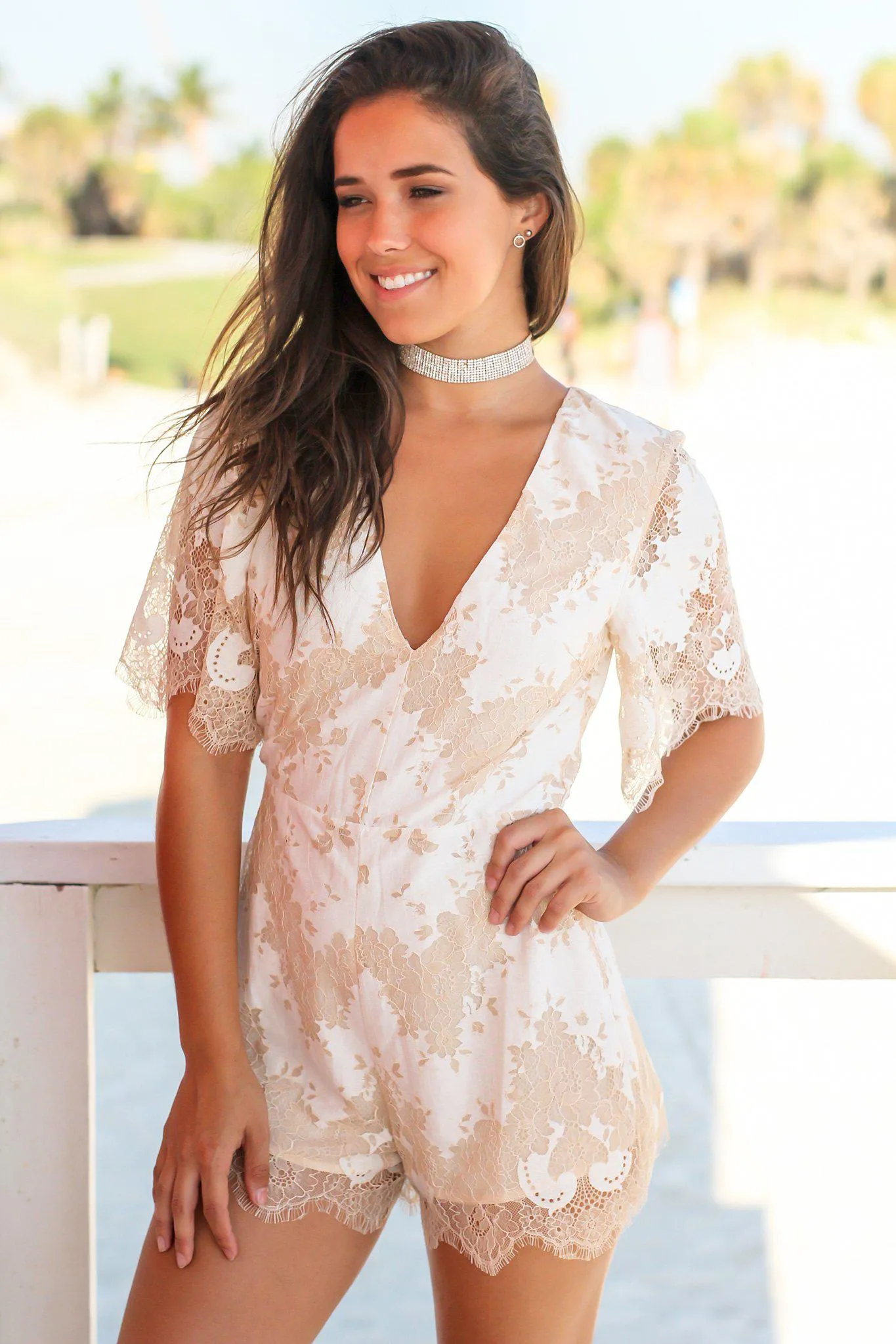 Ivory Lace Romper with Open Back