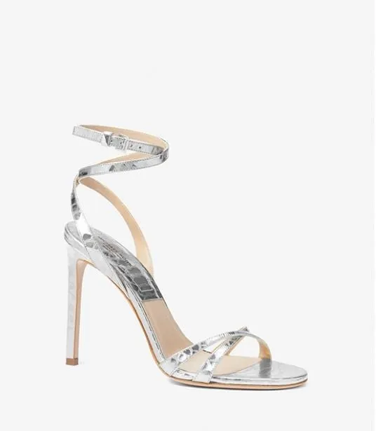 MIchael Kors Chrissy Metallic Python Embossed Leather Sandals, Silver