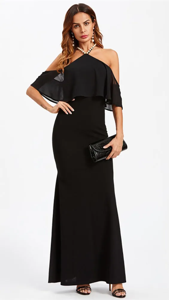 Natasha Pearl Halter Off Shoulder Gown Black