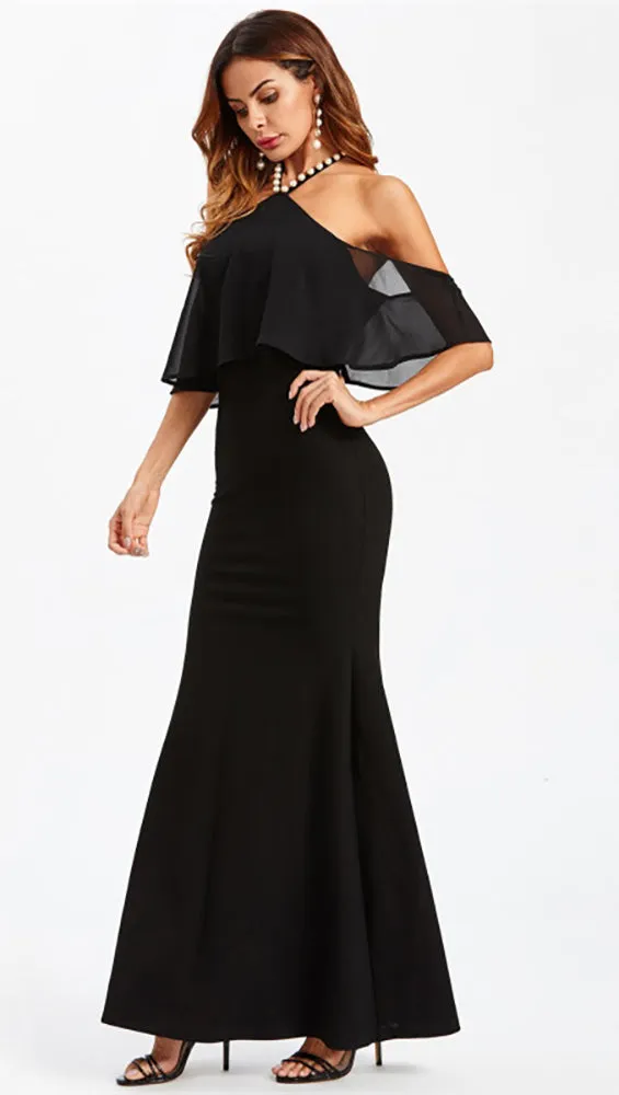 Natasha Pearl Halter Off Shoulder Gown Black