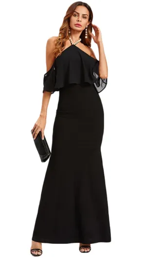 Natasha Pearl Halter Off Shoulder Gown Black