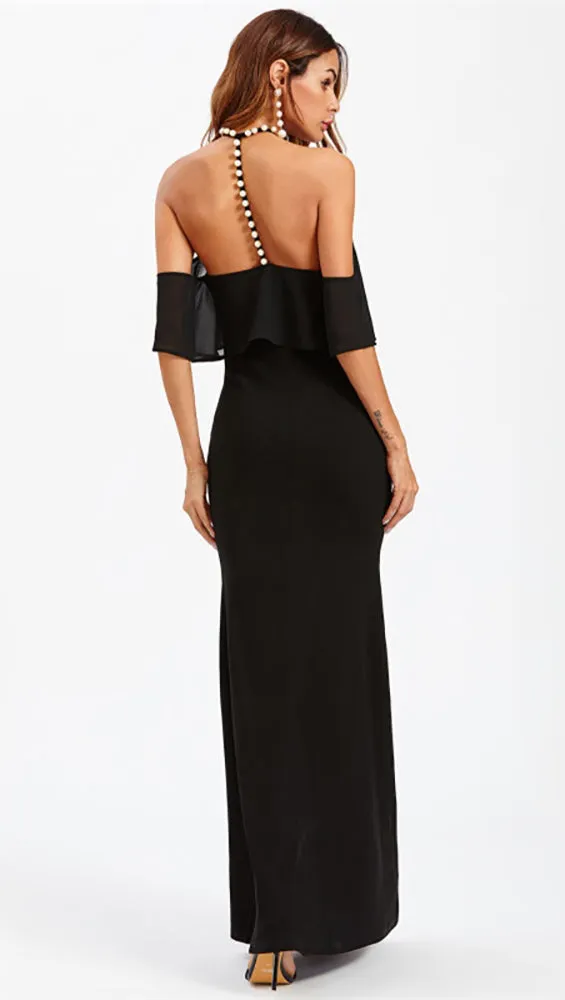 Natasha Pearl Halter Off Shoulder Gown Black