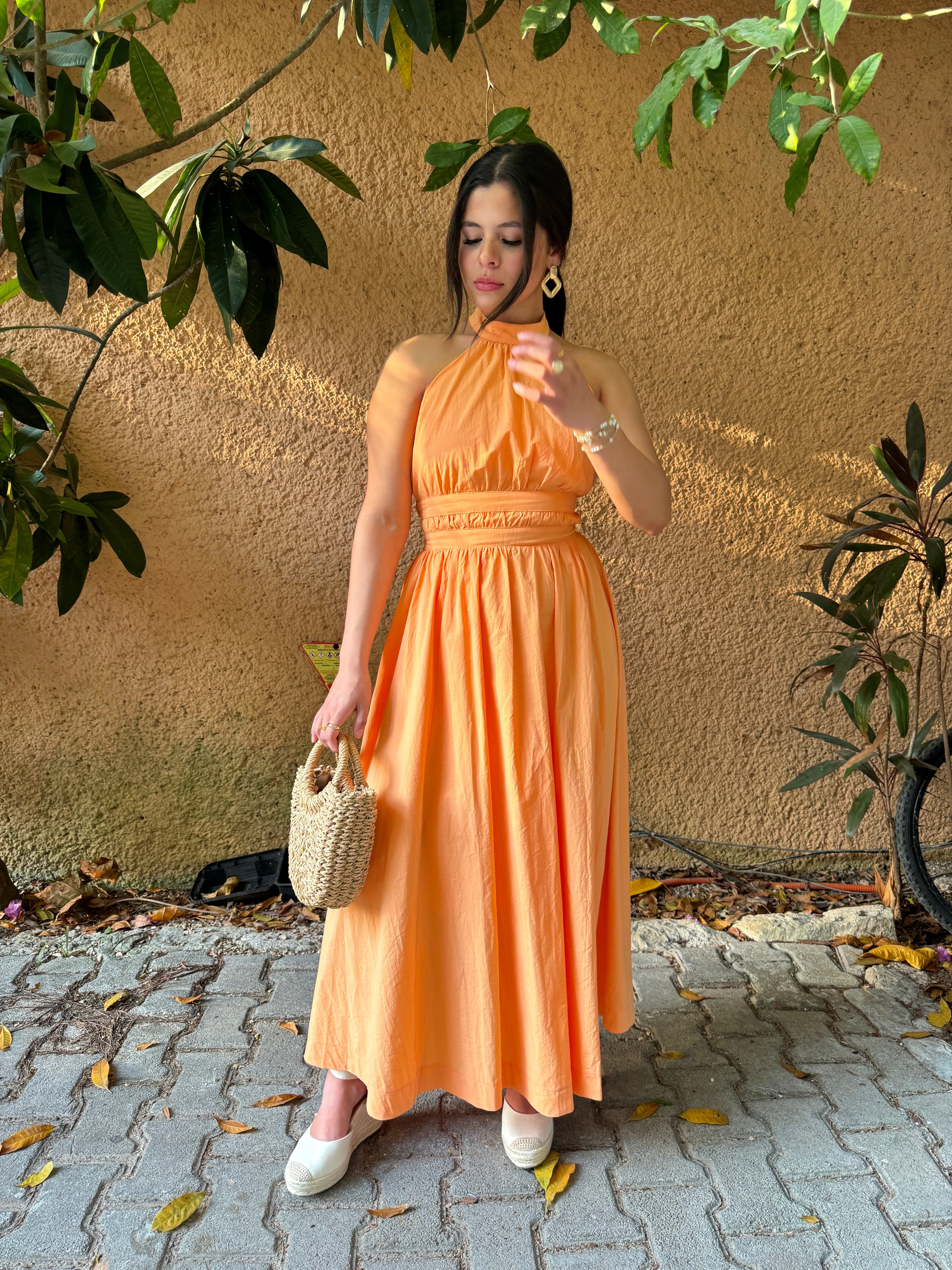 Orange Halter Open-Back Maxi Dress