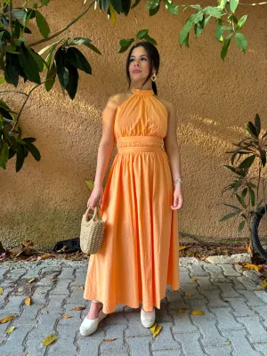 Orange Halter Open-Back Maxi Dress