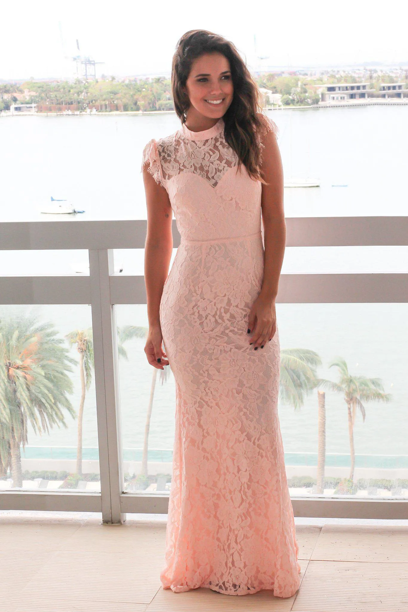 Pink High Neck Lace Maxi Dress with Open Back