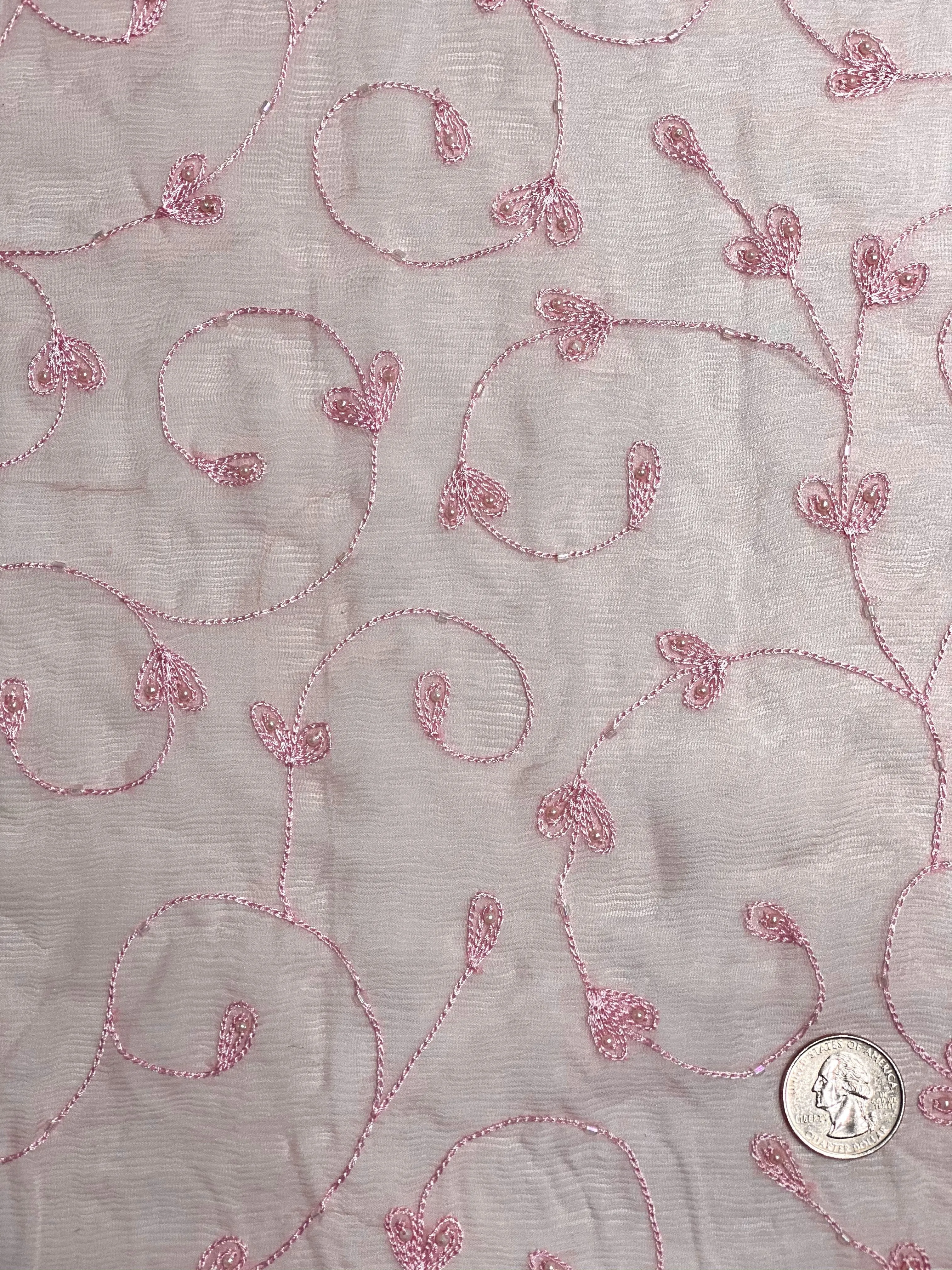 Pink Sequin & Beads on Silk Chiffon JEC-164-7 Fabric