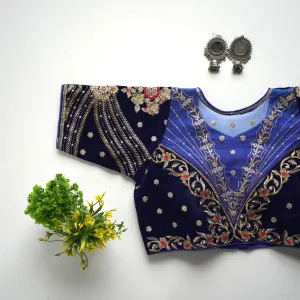 Royal Blue Blouse Taffeta Silk Blouse with Golden Embroidery and Sequin Touch