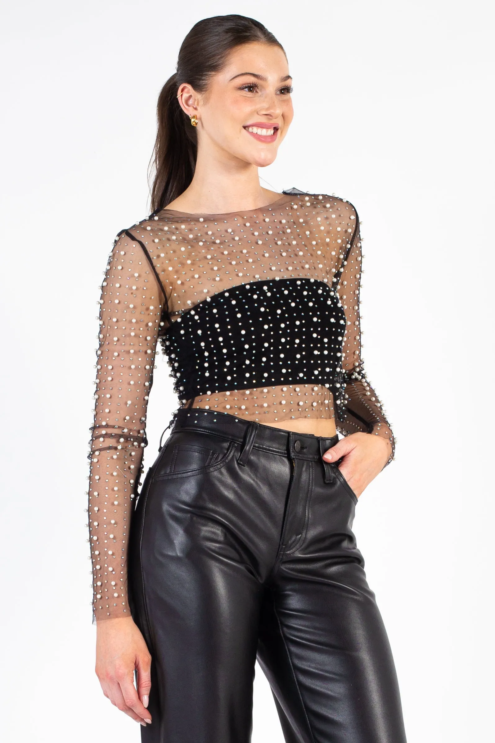 Rylee Pearl Embellished Crop Blouse