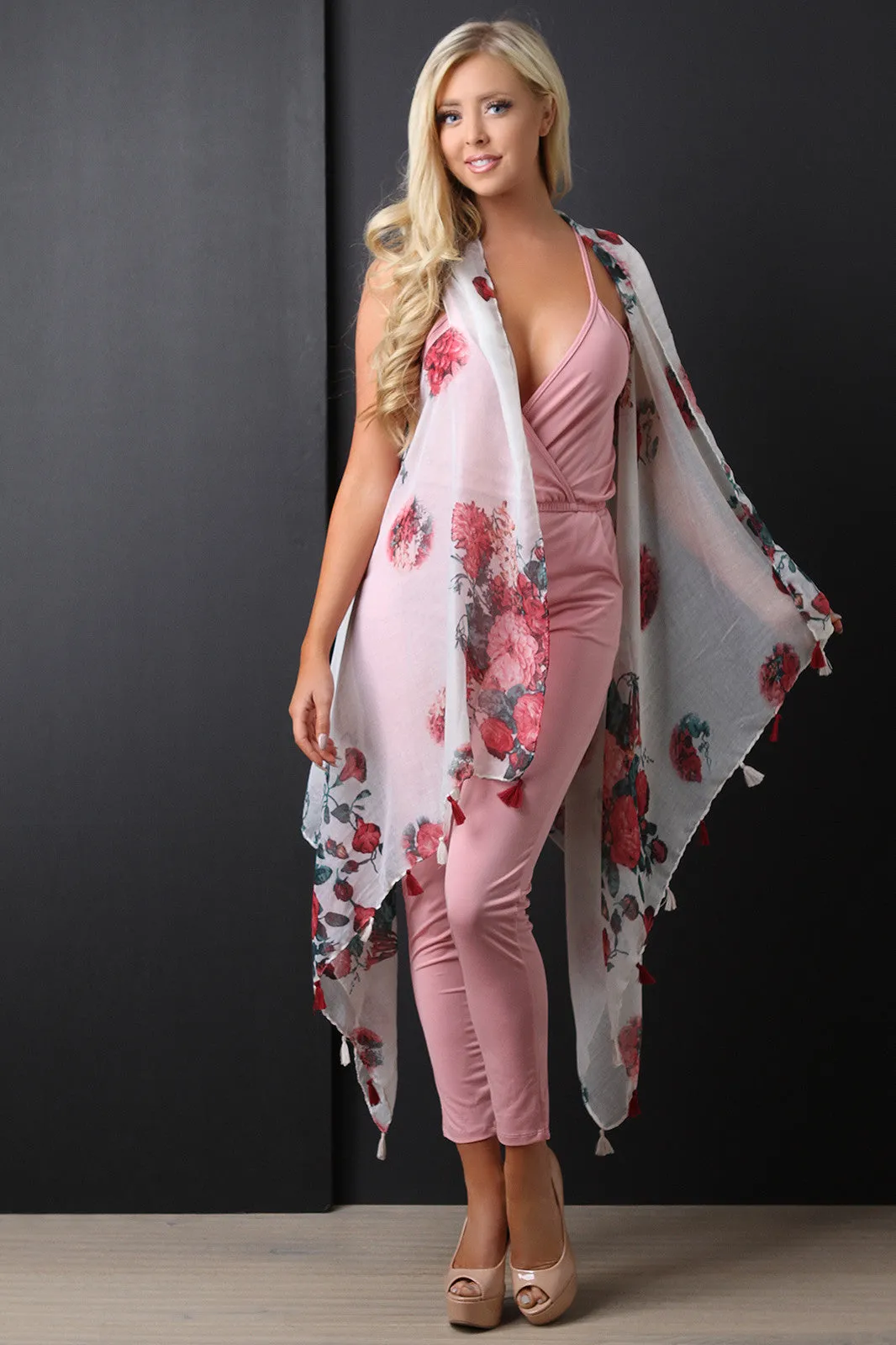 Semi-Sheer Floral Tassel Longline Vest