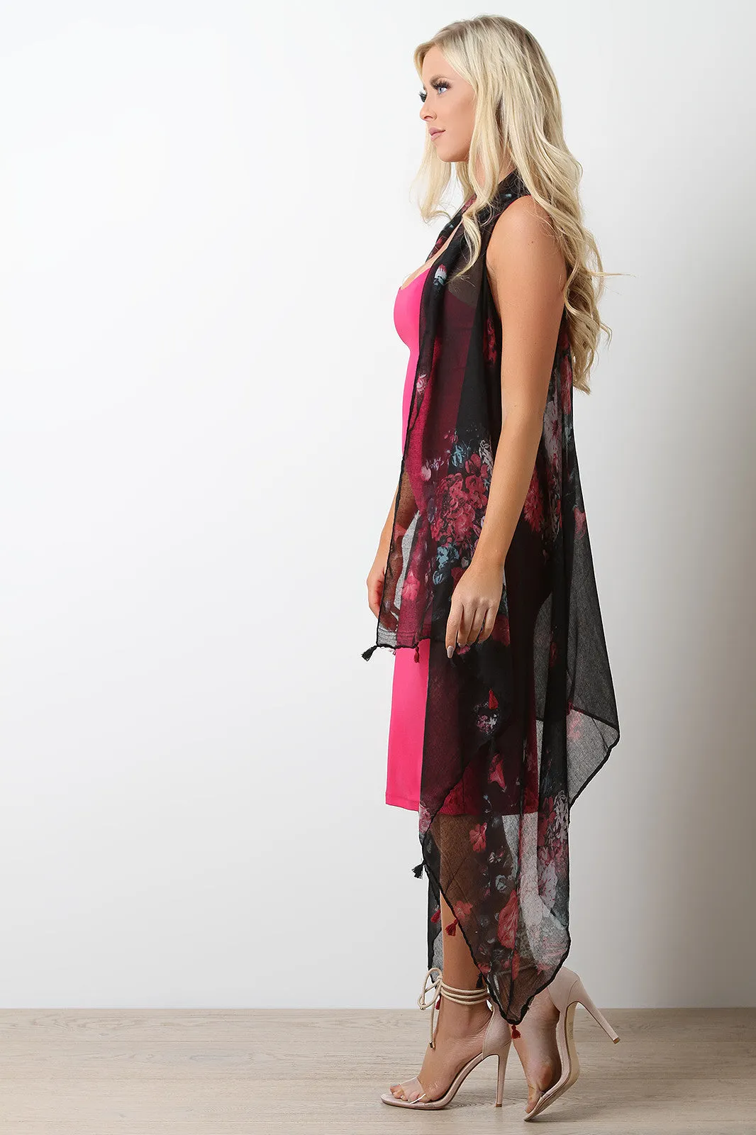 Semi-Sheer Floral Tassel Longline Vest