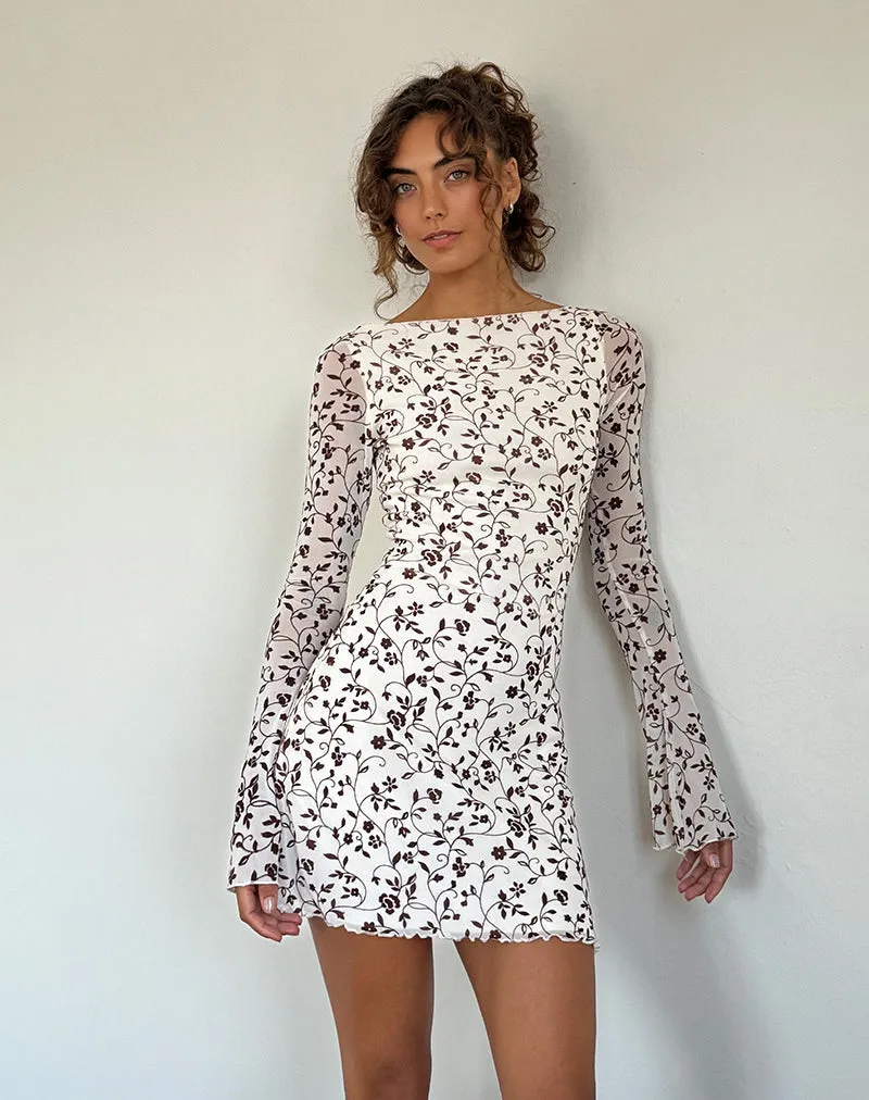 Sevila Long Sleeve Mini Dress in Stem Flower Flock Brown