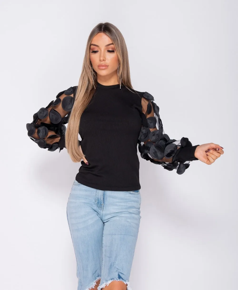 Sheer 3D Floral Sleeve High Neck Rib Top