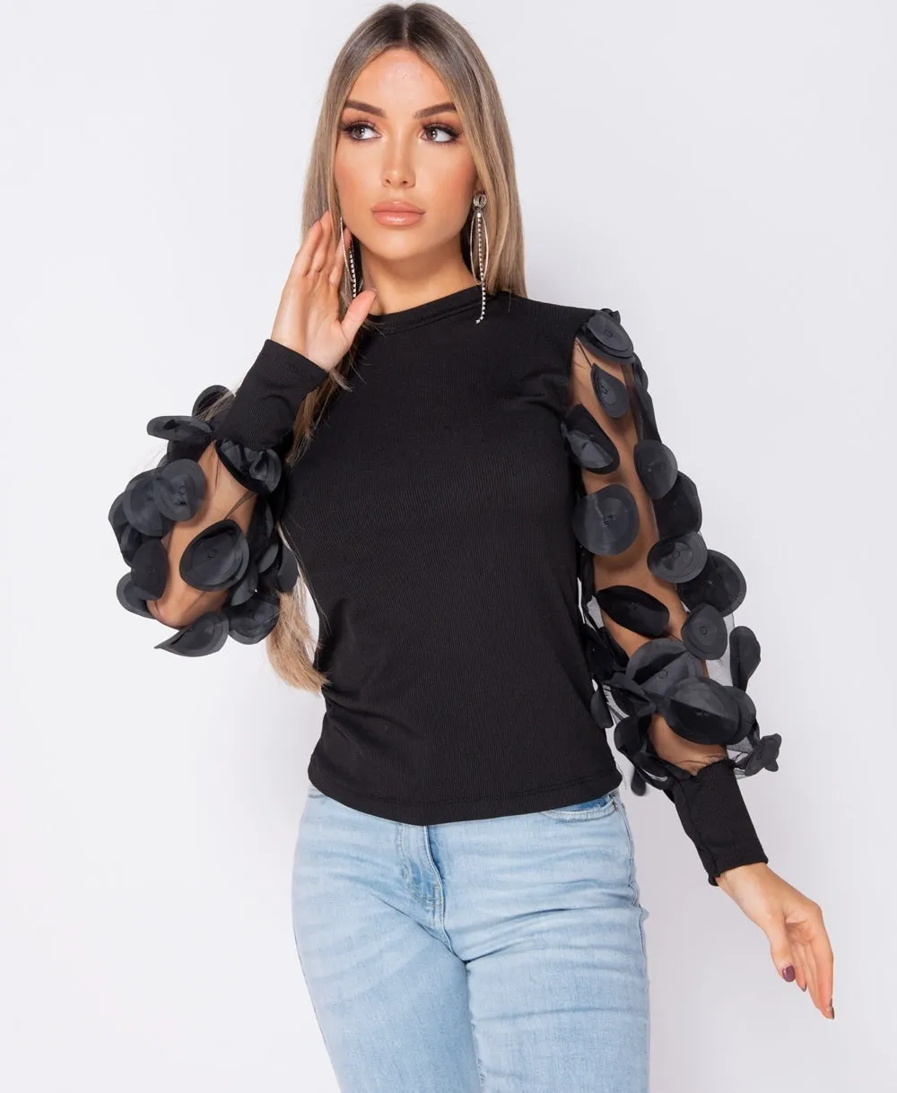 Sheer 3D Floral Sleeve High Neck Rib Top