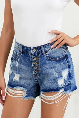 Sky Blue Button-fly High Rise Distressed Denim Shorts