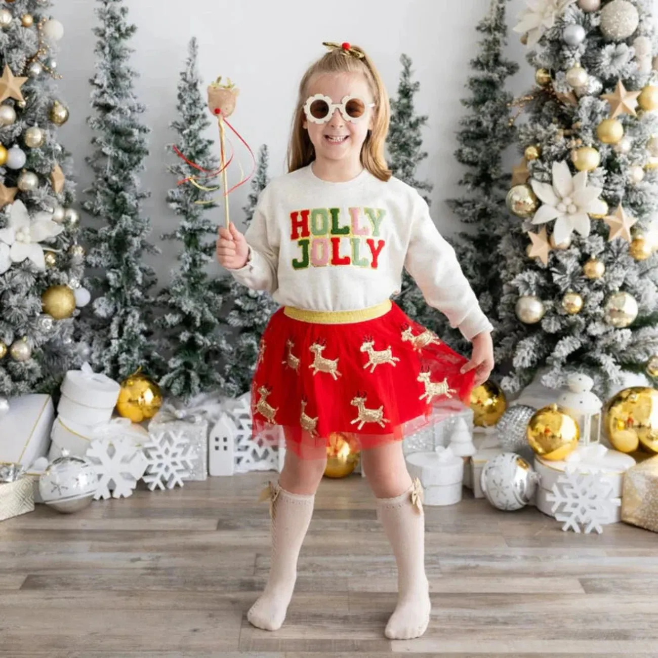 Sweet Wink Girls Red & Gold Sequin Reindeer Tutu Skirt