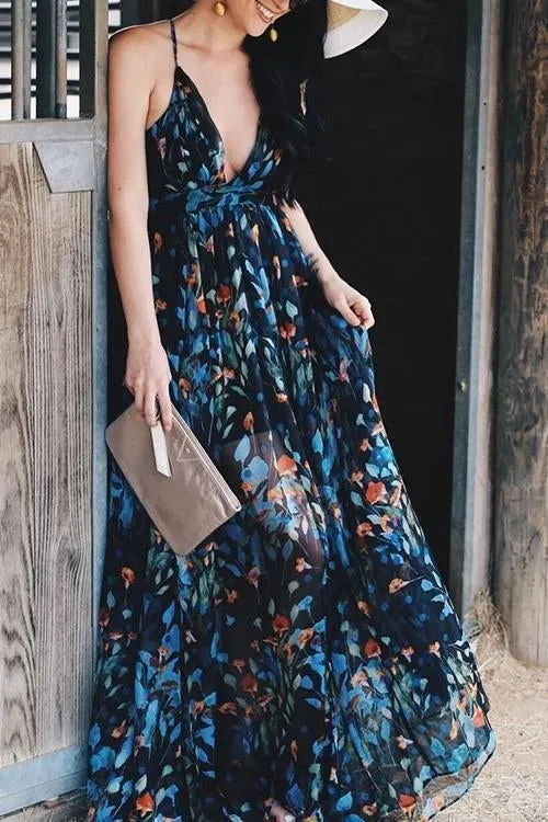 V Neck Backless Slip Maxi Dress