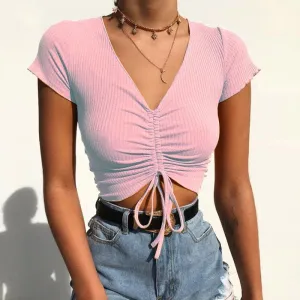 V Neck Ribbed Crop Top with Drawstring Tie