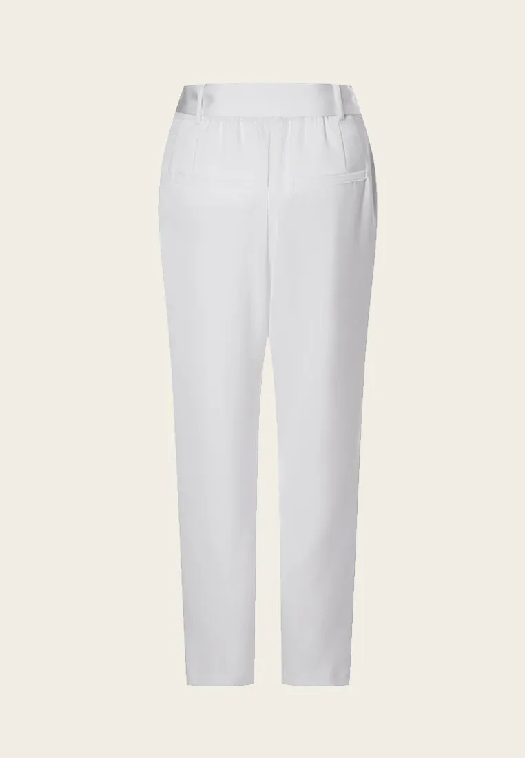 White Fixed Bow Belt Silk Straight Leg Pants