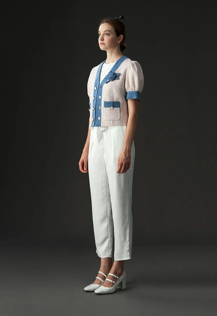 White Fixed Bow Belt Silk Straight Leg Pants