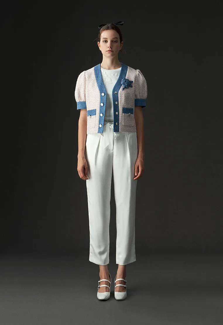 White Fixed Bow Belt Silk Straight Leg Pants